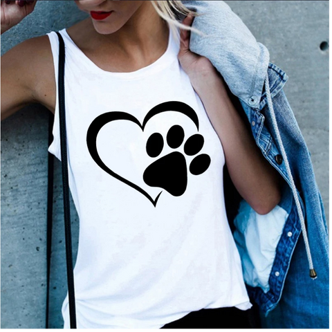 Ärmellos Hunde Pfote Herz T-shirt